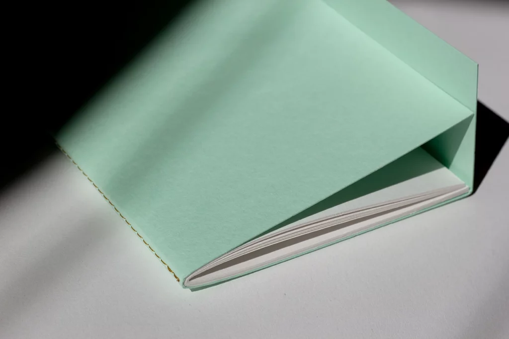 Carnet fait main à l'atelier Forme contre forme avec une reliure Singer et une couverture à rabat vert d'eau. Carnet fait main à l'atelier Forme contre forme avec une reliure Singer et une couverture à rabat vert d'eau.