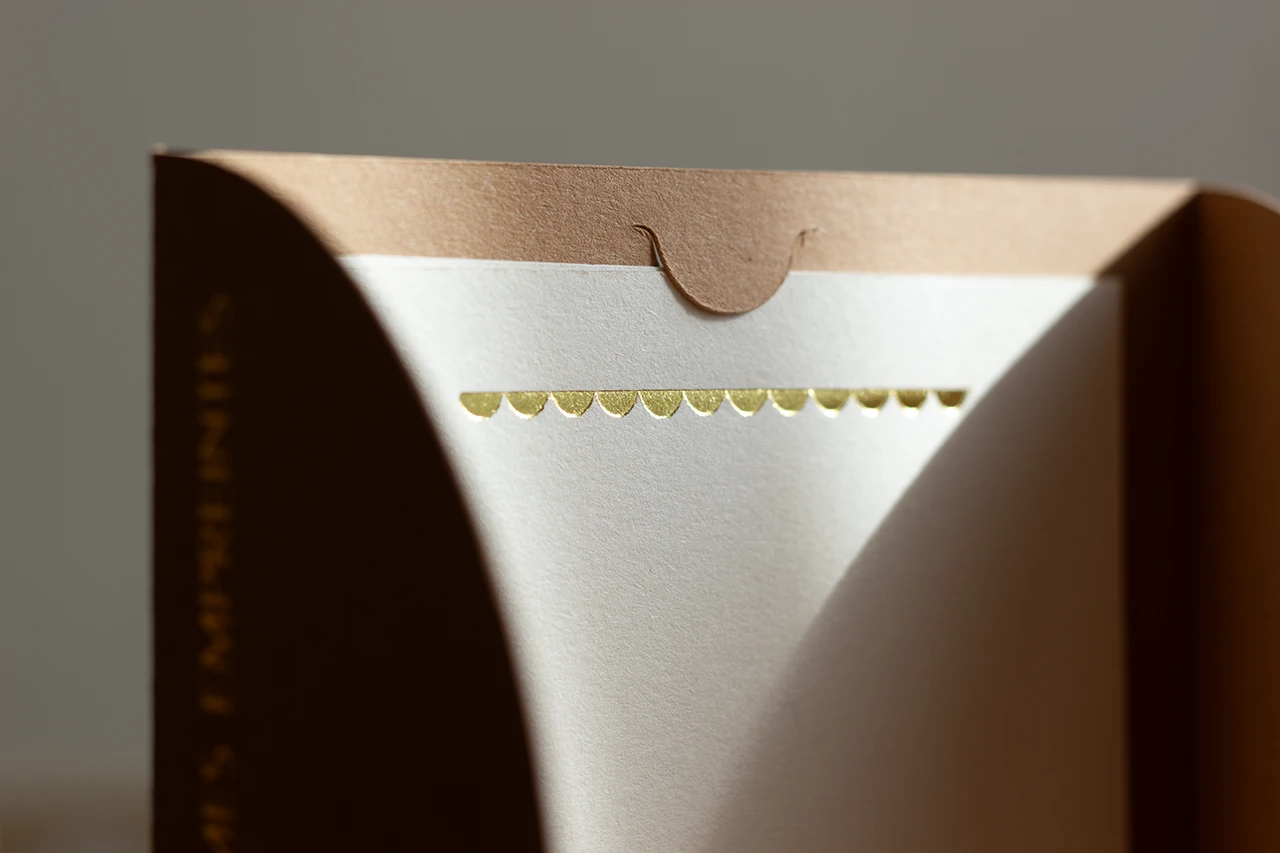 Photo du haut du livret de cartes empreintes pour bébé personnalisable ouvert, couleur cocos avec des ornements faits à la dorure à chaud.