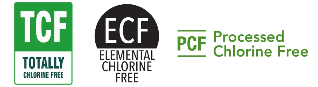 Logos des procédés de blanchiment du papier : de gauche à droite, TCF, ECF et PCF. Logos des procédés de blanchiment du papier : de gauche à droite, TCF, ECF et PCF.