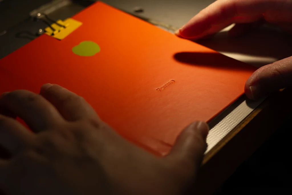 Couture Singer du carnet avec couverture en cuir de pomme orange et marqueterie en cuir de pomme vert.