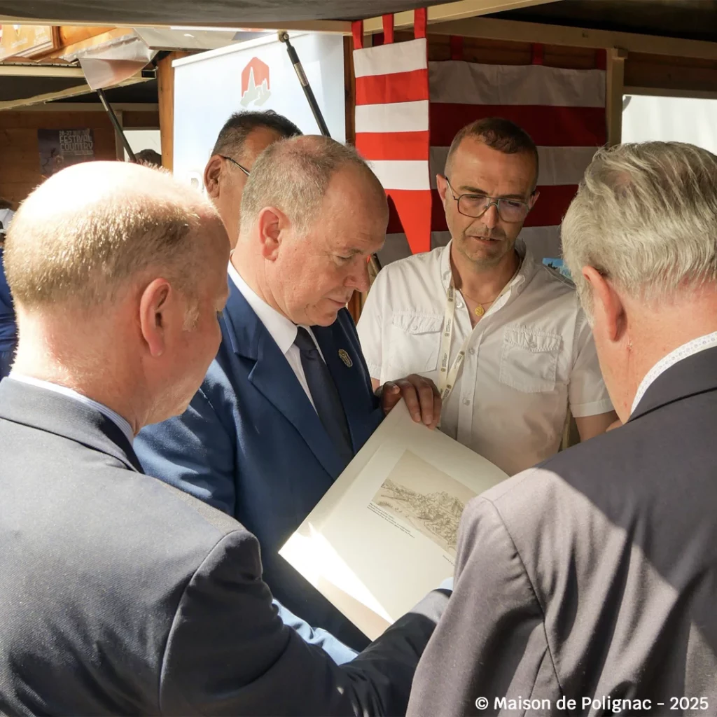 S.A.S. le Prince Albert II de Monaco découvre le livre grand format de la Maison de Polignac. © Maison de Polignac