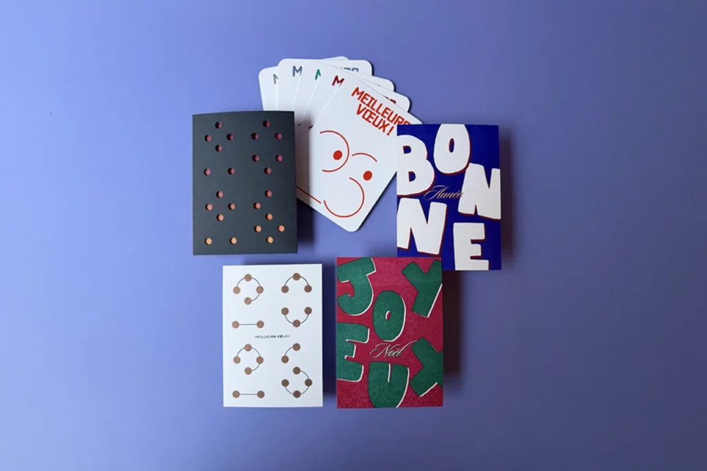 Ensemble de la collection 2026 de cartes de vœux artisanales, imprimées en letterpress à l’atelier Forme contre forme à Bordeaux.