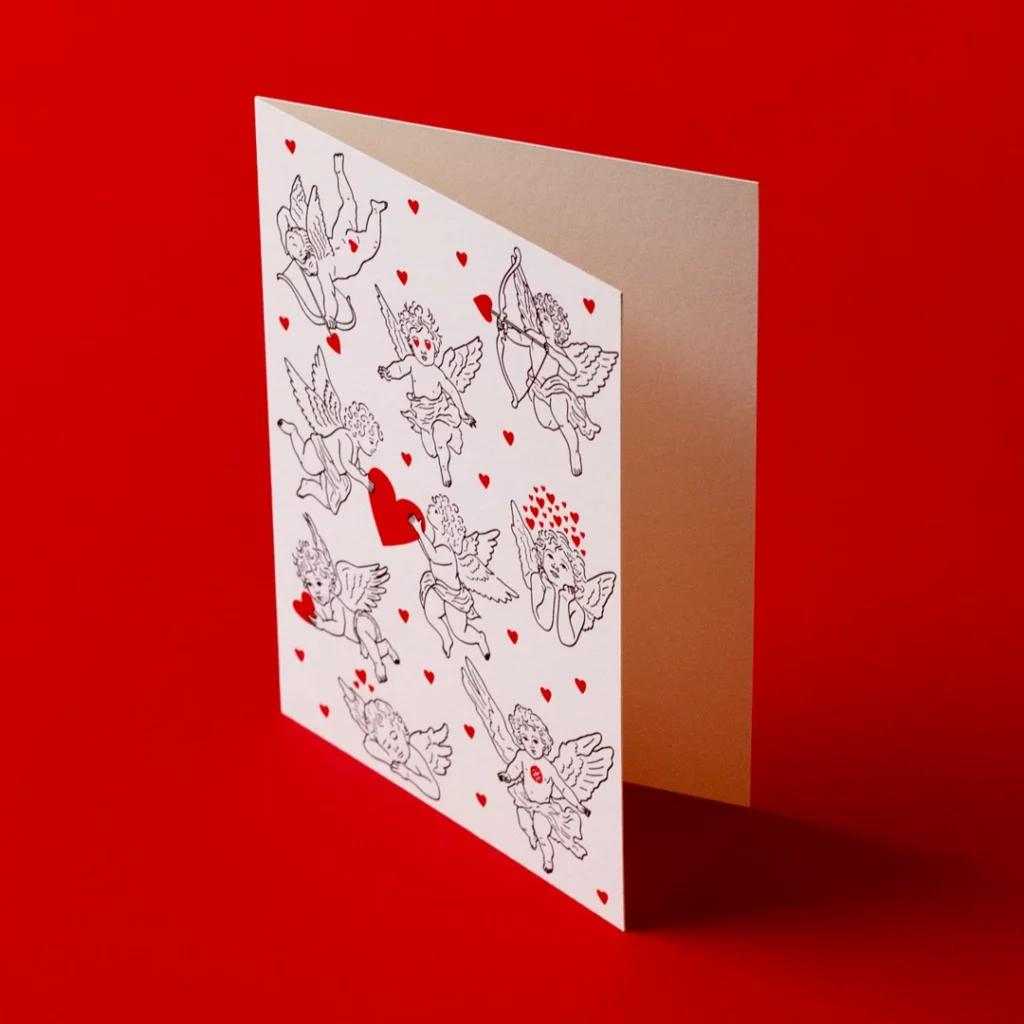 Carte Saint-Valentin – Cupidons & cœurs, imprimée en letterpress à l’atelier Forme contre forme, à Bordeaux.