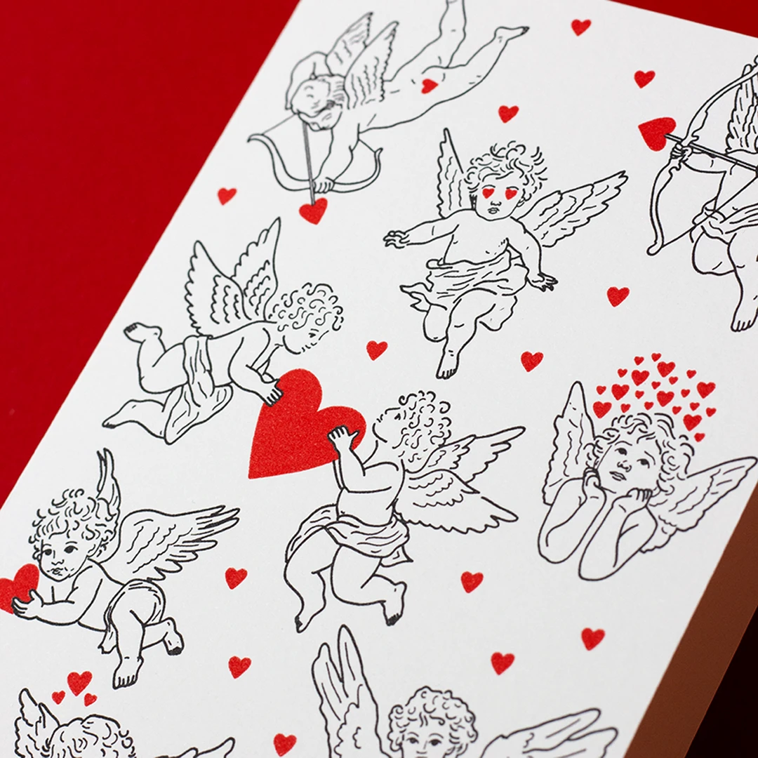 Carte Saint-Valentin – Cupidons & cœurs, imprimée en letterpress à l’atelier Forme contre forme, à Bordeaux – vue 2.