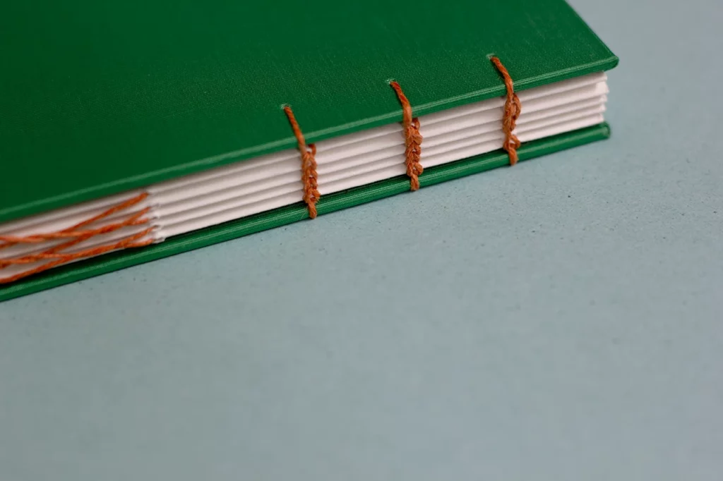 Zoom sur un carnet en reliure copte, révélant les chaînettes en fil de lin orange, couverture en toile verte, réalisé dans mon atelier à Bordeaux.