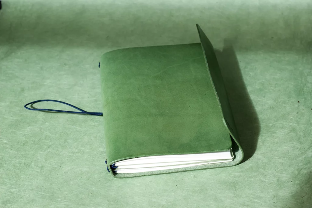 Carnet de voyage en cuir italien pleine fleur, couleur bambou, rabat entrouvert — Atelier Forme contre forme, Bordeaux.