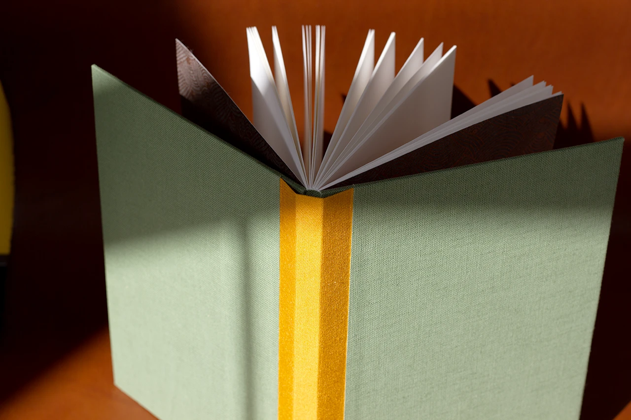 Vue des plats du carnet, reliure Sewn Boards Binding (Gary Frost), toile du Marais vert olive et moutarde — Atelier Forme contre forme, Bordeaux — ouvert, vue de dessus.